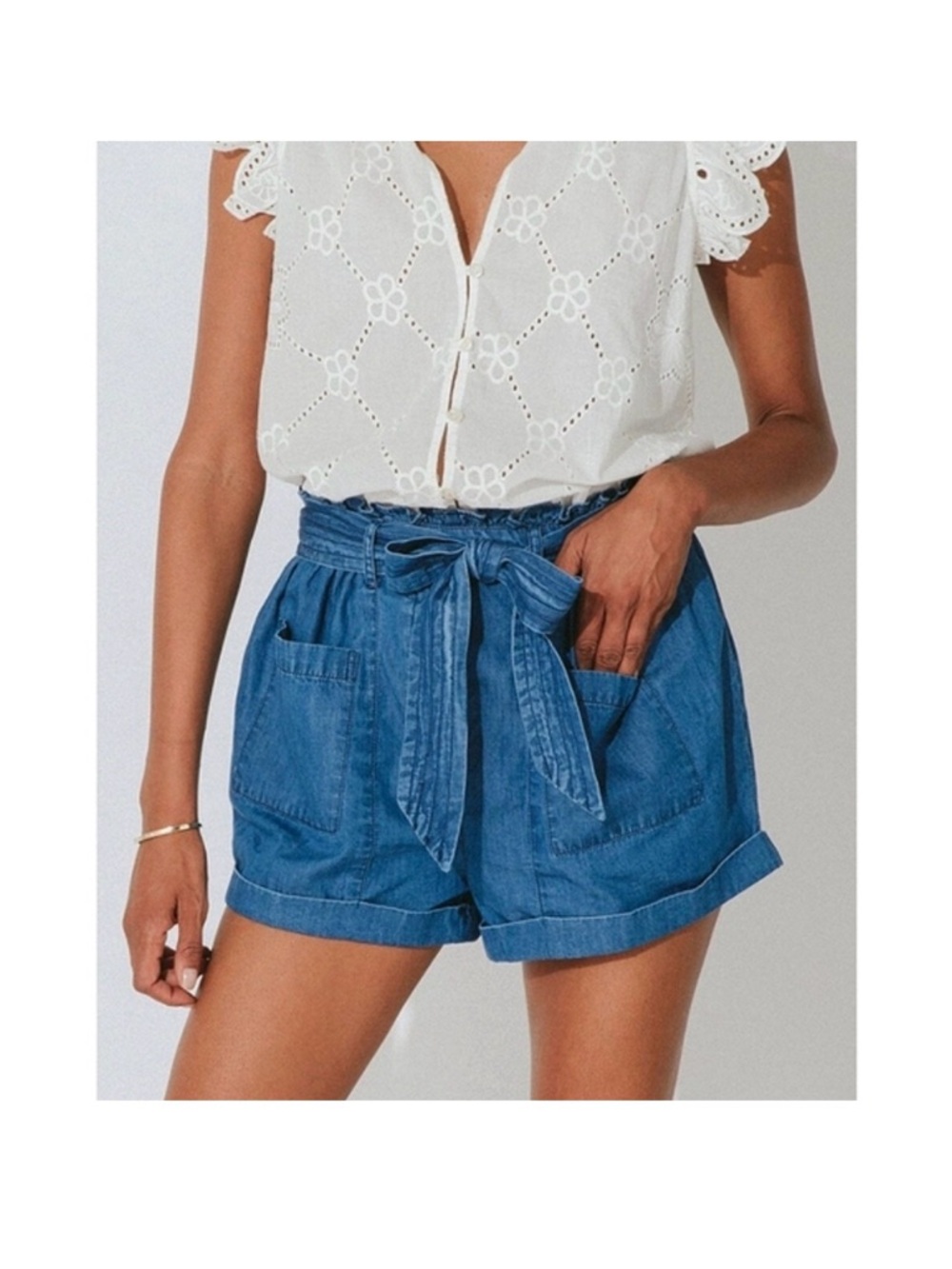 Cleobella Joplin chambray denim paper bag tie waist cuffed shorts size XS